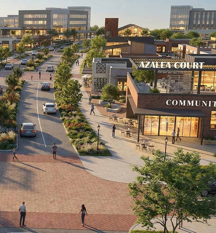 Rendering of Azalea Court in the Valley Ranch Azalea District, with tree-lined streets, shops and office buildings