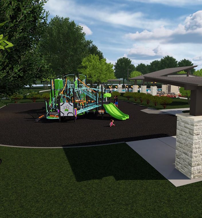 Rendering of a children’s playground with slides and a covered pavilion in the Valley Ranch Azalea District