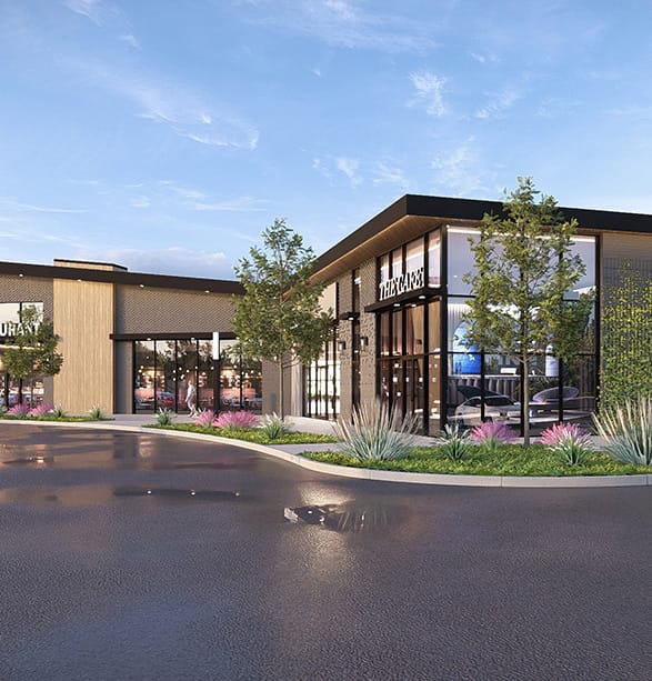 Rendering of new retail and cafe storefronts with modern glass facades in the Valley Ranch Commerce District