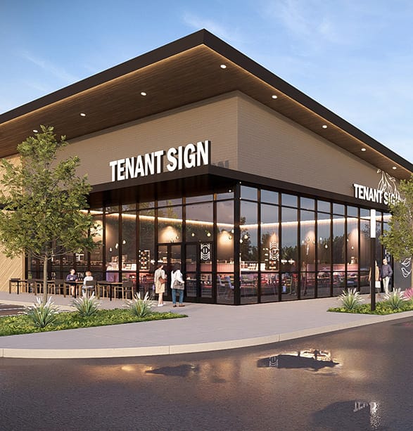 Rendering of a modern restaurant building in the Valley Ranch Commerce District with glass storefront and patio seating
